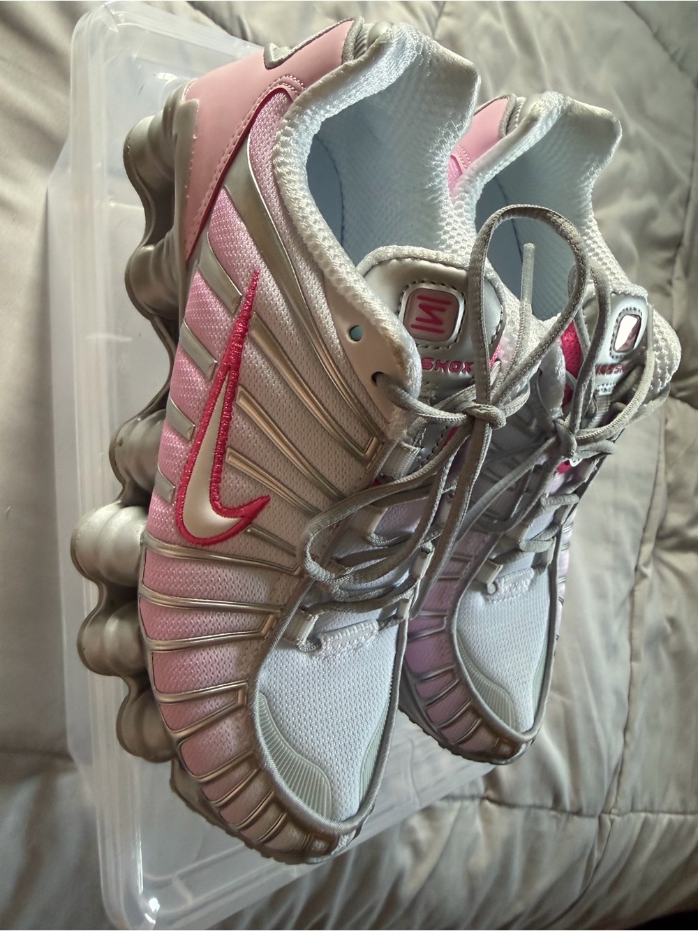 Nike Women's Pink, Silver and White Shox Running Shoes